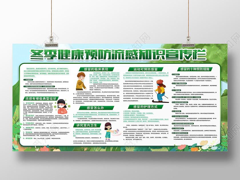 绿色卡通冬季健康预防流感知识宣传栏冬季流感宣传栏