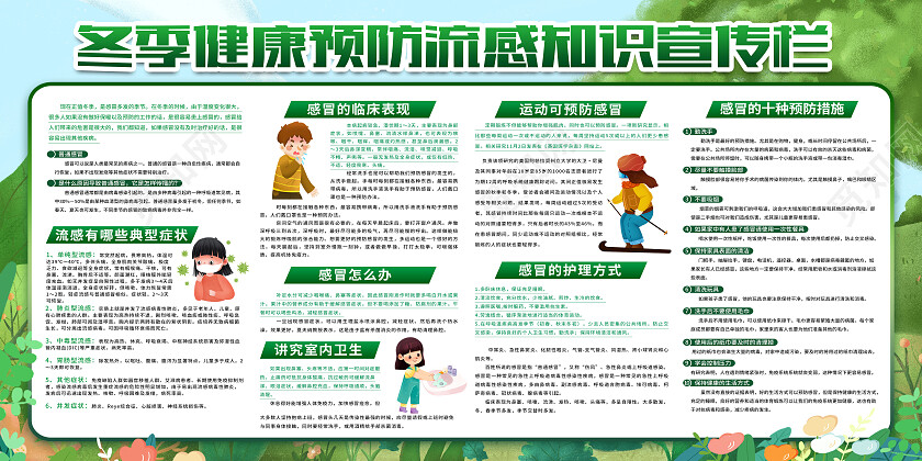 绿色卡通冬季健康预防流感知识宣传栏冬季流感宣传栏