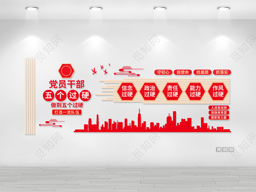 红色简约党员干部五个过硬学习文化墙建党文化墙文化墙