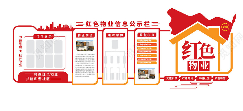 红橙色简洁大气创意红色物业文化墙设计