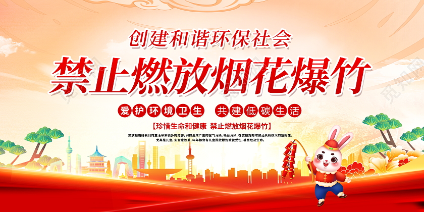 时尚大气2023兔年禁止燃放烟花爆竹安全宣传展板2023春节2023春节安全