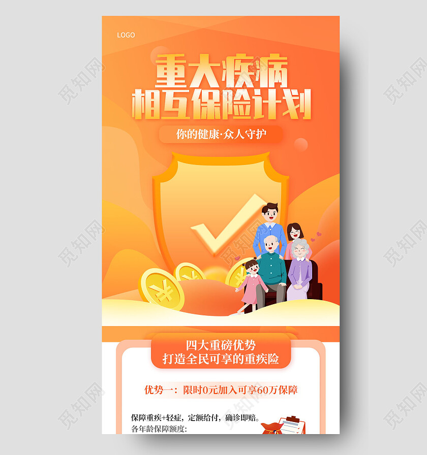 橙色扁平风健康医疗快乐人生重疾险意外险手机文案长图保险长图