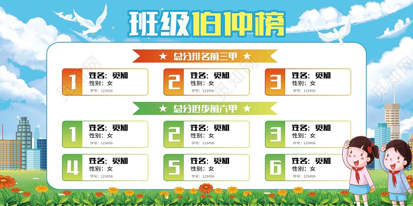蓝色卡通班级伯仲榜榜单展板