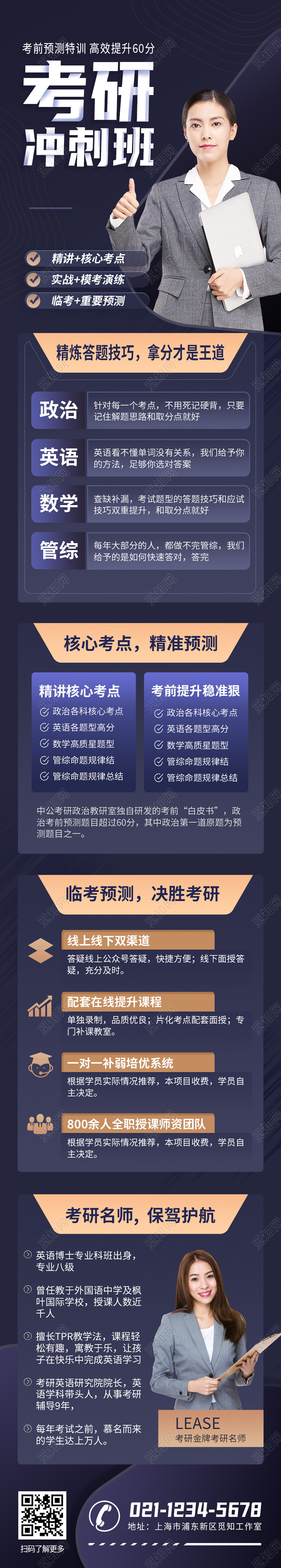 深蓝色商务风考研冲刺班手机长图考研招生