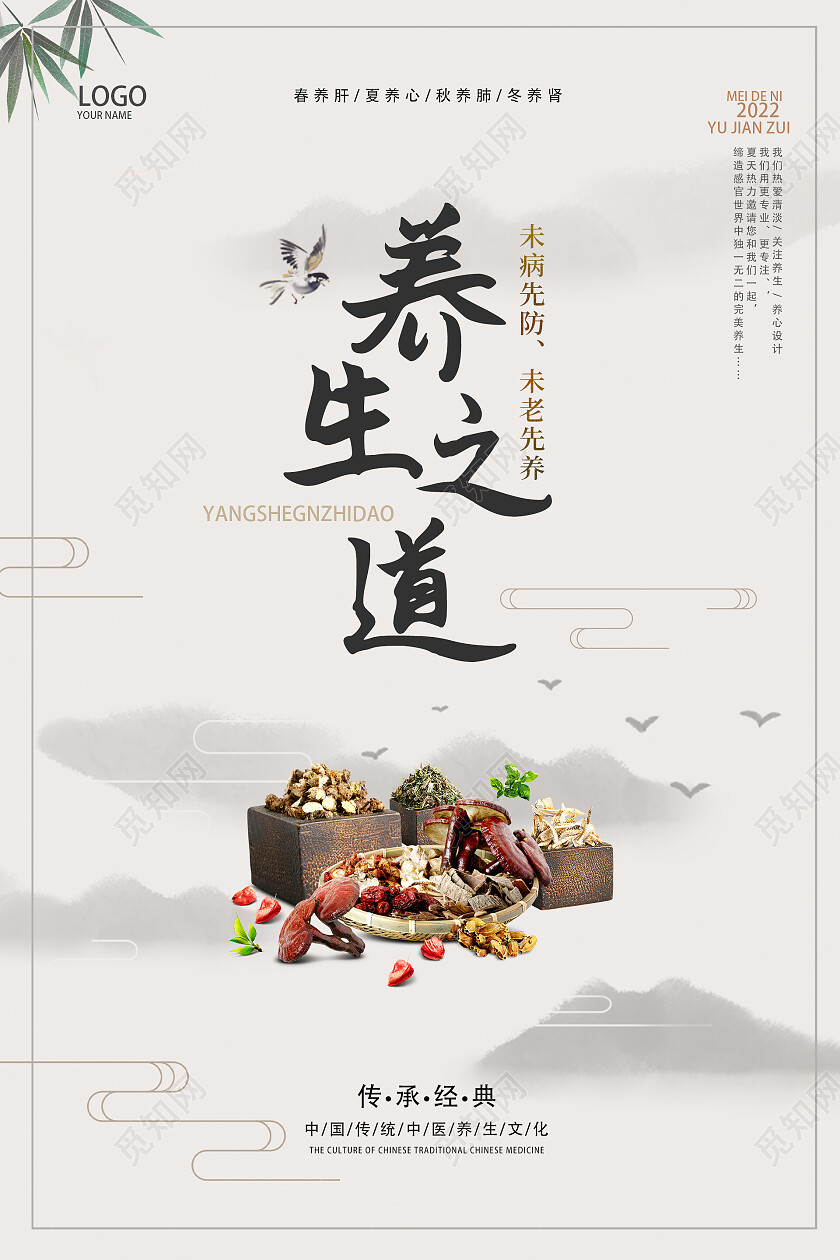 白色中式养生之道宣传海报养生海报