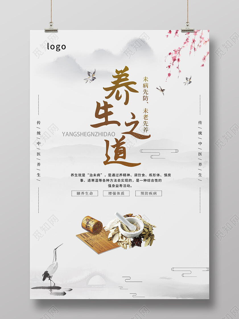 白色中式养生之道海报养生海报