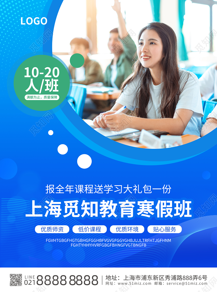 蓝色简约大气风上海觅知教育寒假班寒假班宣传单