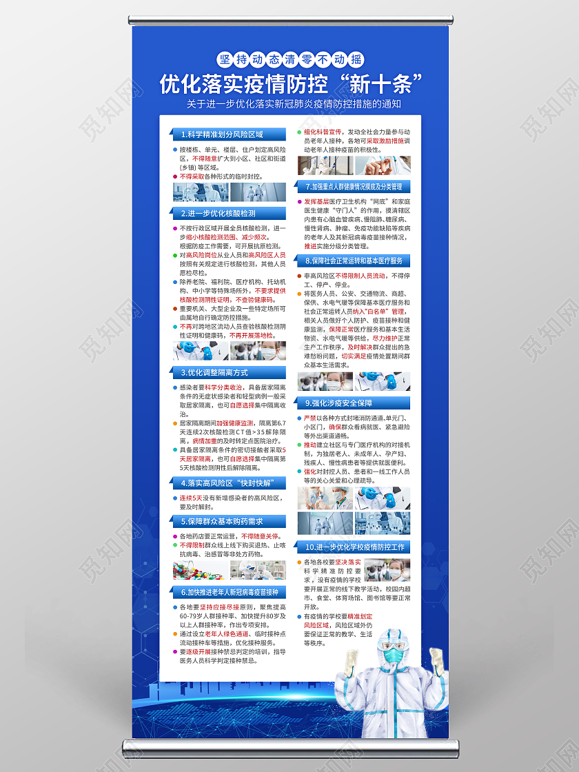 蓝色简约大气风优化落实疫情防控新十条优化落实防控疫情展架优化防控工作宣传栏