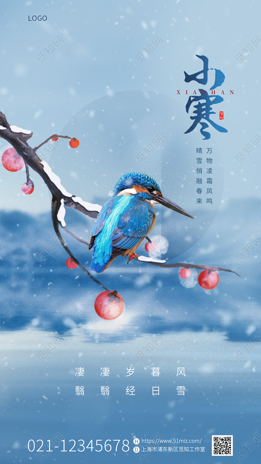 蓝色唯美中国风二十四节气小寒手机宣传海报