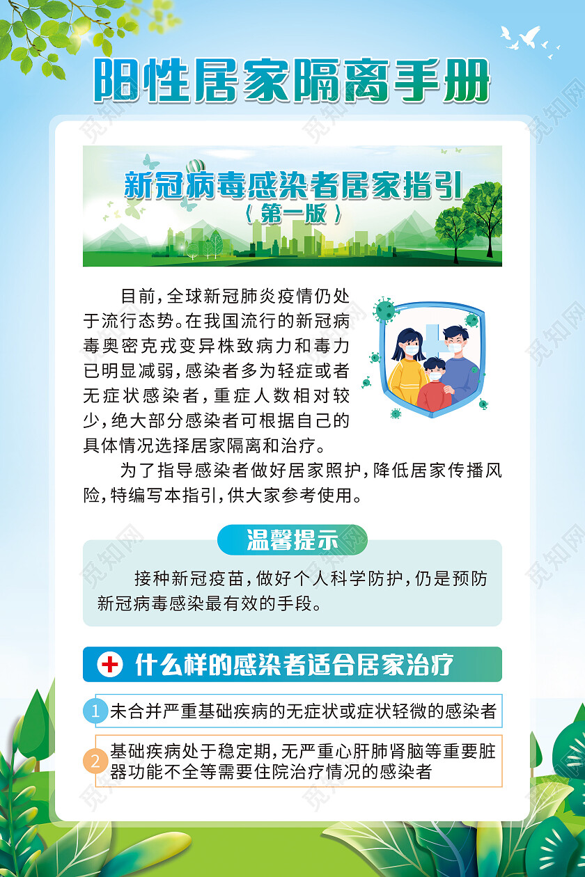 绿色卡通新冠病毒感染者居家指引阳性居家隔离手册套图宣传单