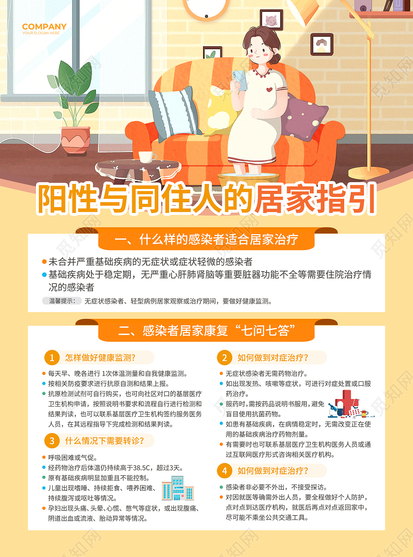 橙色简约大气风阳性与同住人居家指引居家隔离宣传单