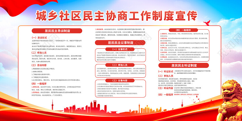 红色i天空背景光效简约城乡社区民主协商工作制度宣传栏