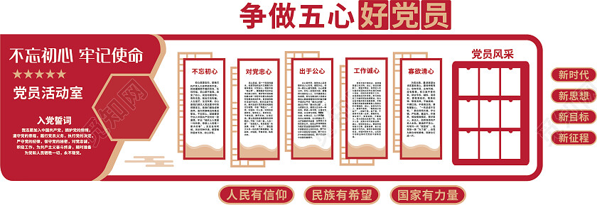 红色简约永远跟党走中国梦五心好党员党建文化墙文化墙