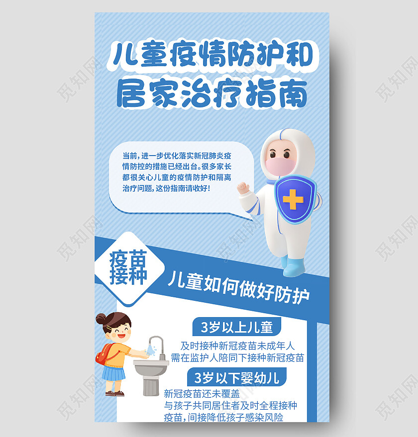 浅蓝色卡通儿童疫情防护和居家治疗指南防疫长图