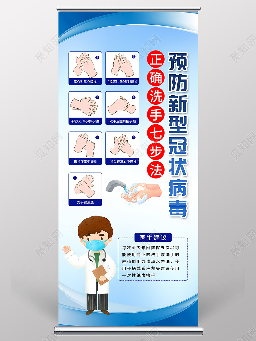 蓝色卡通预防新型冠状病毒洗手七步洗手法展架