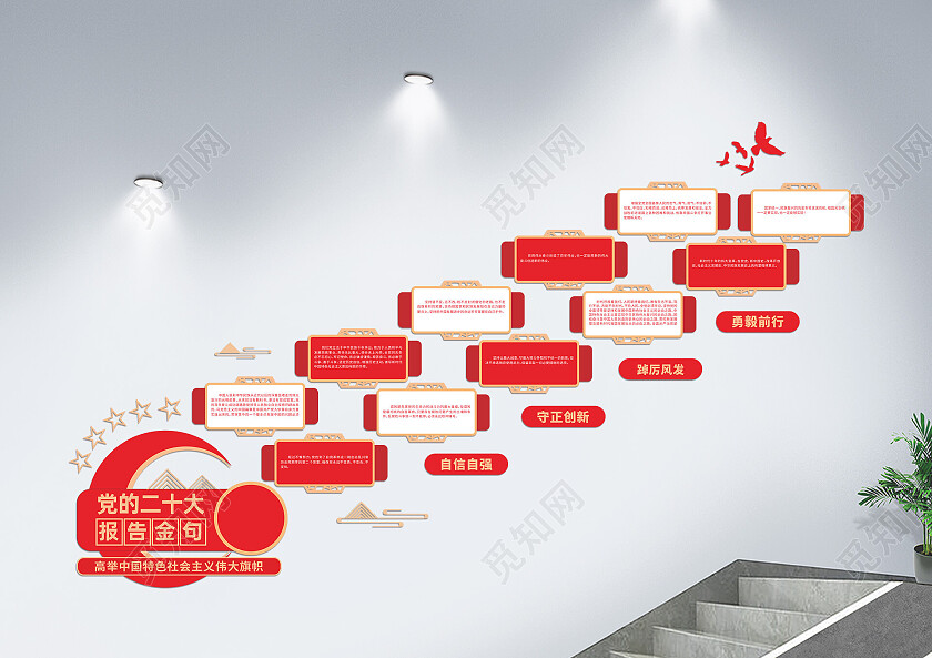 红色简约大气党的二十大报告讲话金句党建楼梯文化墙二十大文化墙