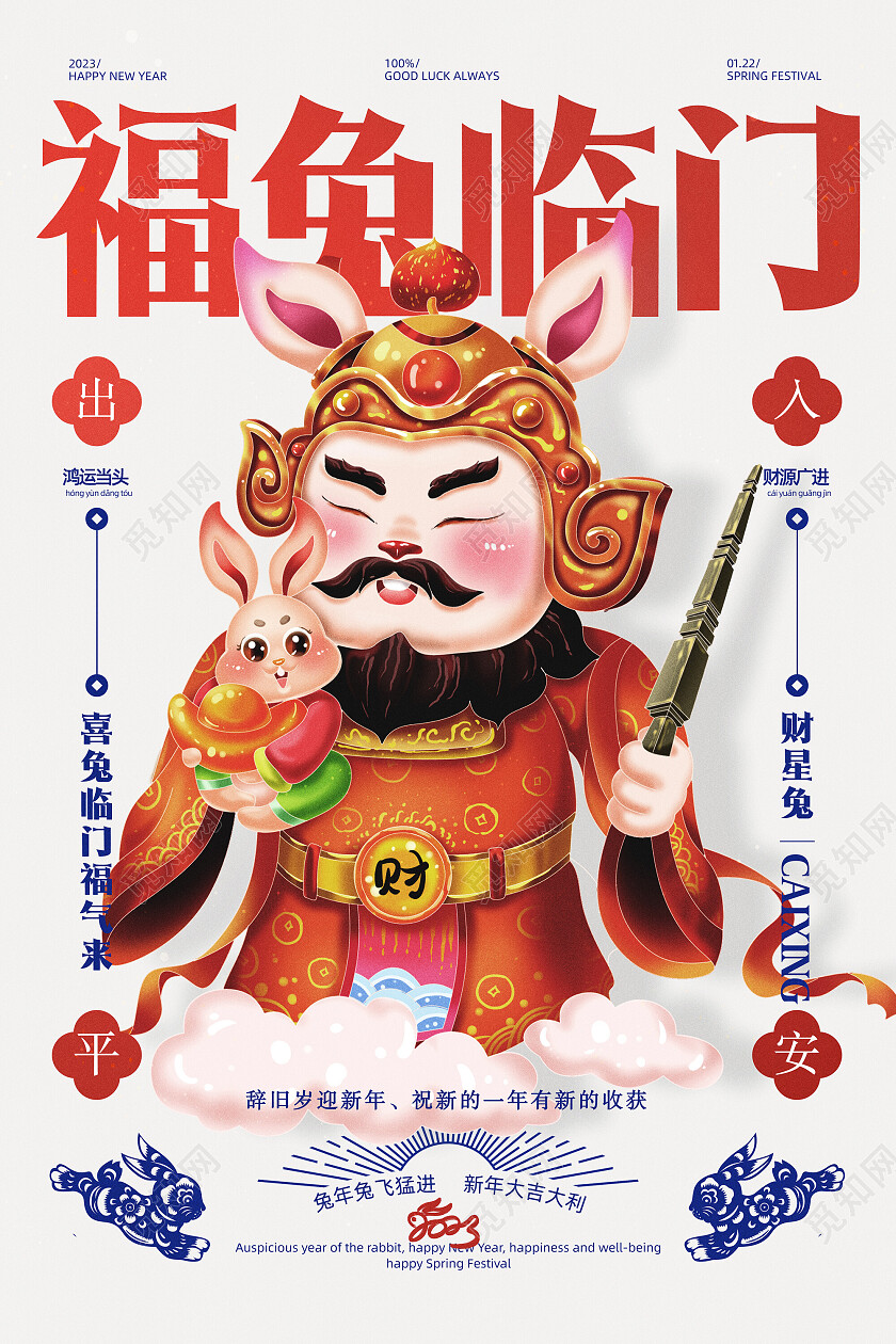 手绘国潮福兔临门福气2023兔子门神新年海报节日