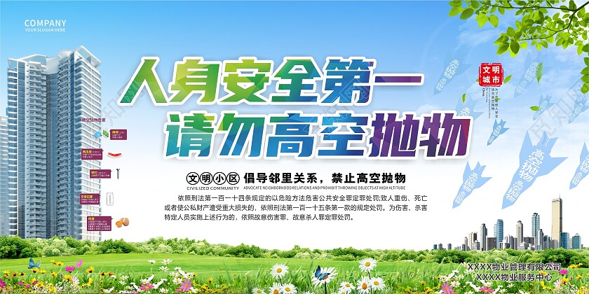 蓝色清新高空抛物安全第一文明安全高空抛物展板