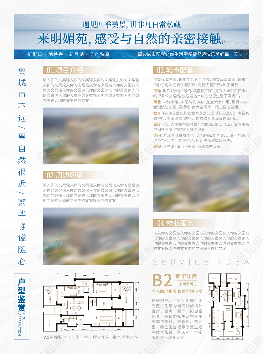 蓝色简约高档风湖居房地产宣传单