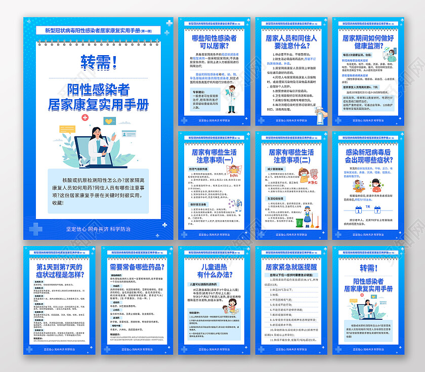 蓝色线条简约清新大气新型冠状病毒阳性感染者居家康复实用防疫套图