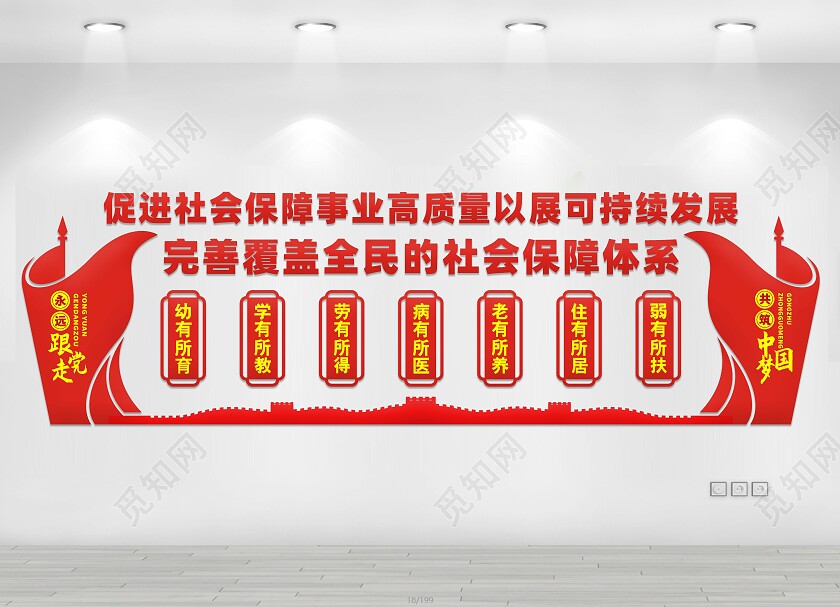 红色简约促进社会保障事业高质量以展可持续发展文化墙人社局文化墙
