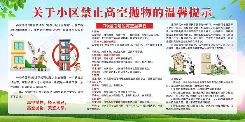 蓝色清新高空抛物小区安全知识宣传展板高空抛物宣传栏
