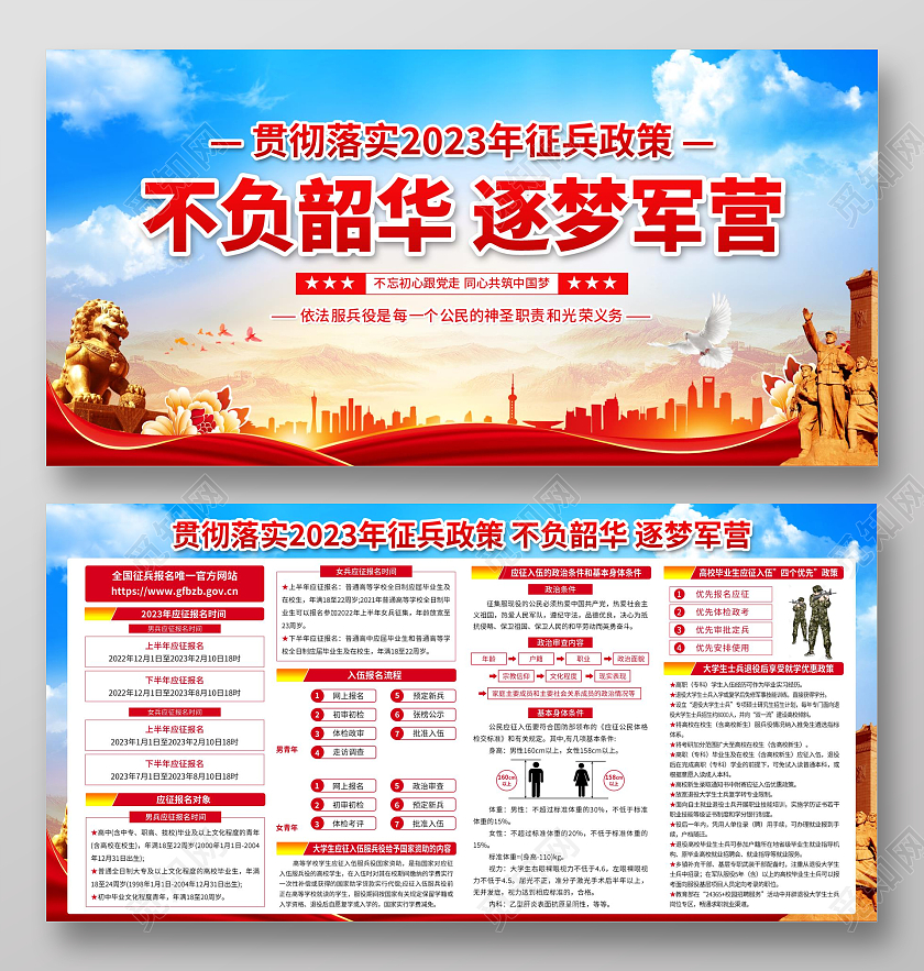 蓝色简约大气2023年征兵宣传栏海报2023年度征兵新政策解2023年度征兵新政策解读