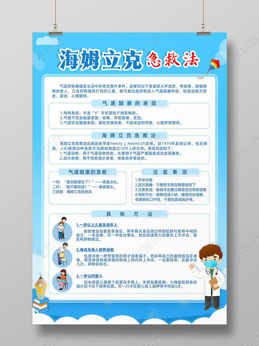 蓝色卡通海姆立克急救法海姆立克宣传栏