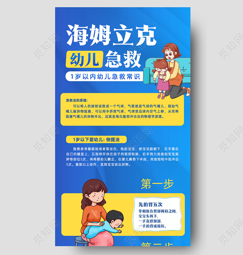 蓝色卡通手绘海姆立克急救法手机长图海姆立克手机长图