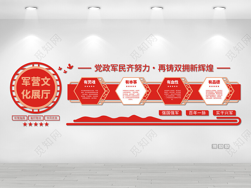 红色立体军营文化展厅文化墙党建文化墙