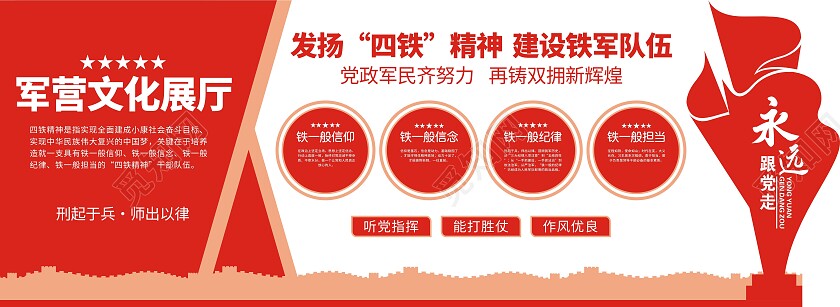 红色立体军营文化展厅四铁精神党建文化墙