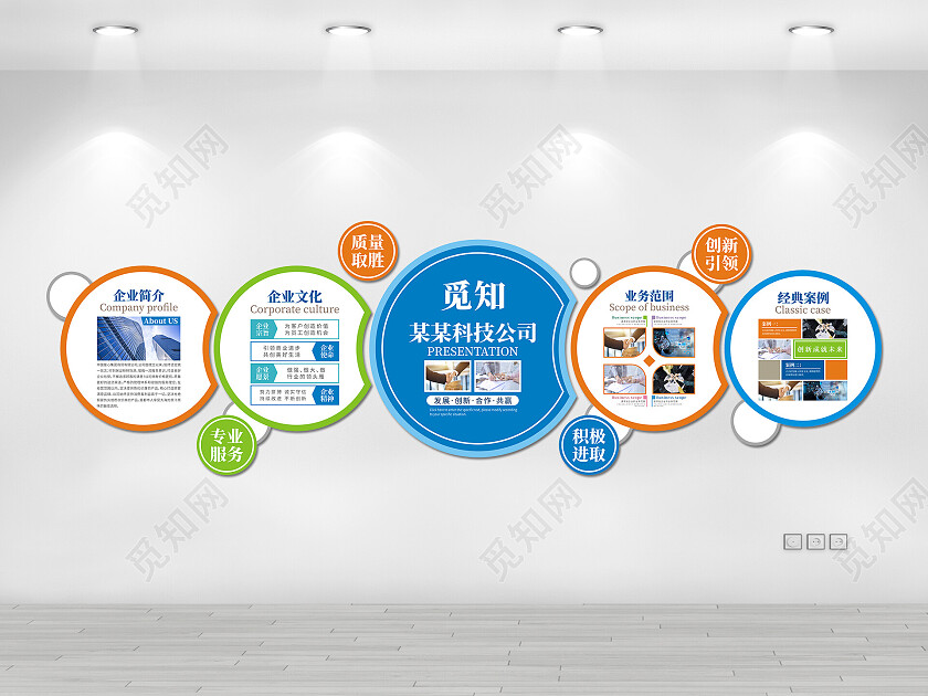 蓝橙绿色异形企业文化墙