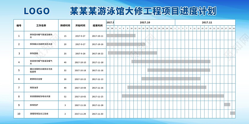 蓝色渐变背景游泳馆大修工程项目进度计划展板