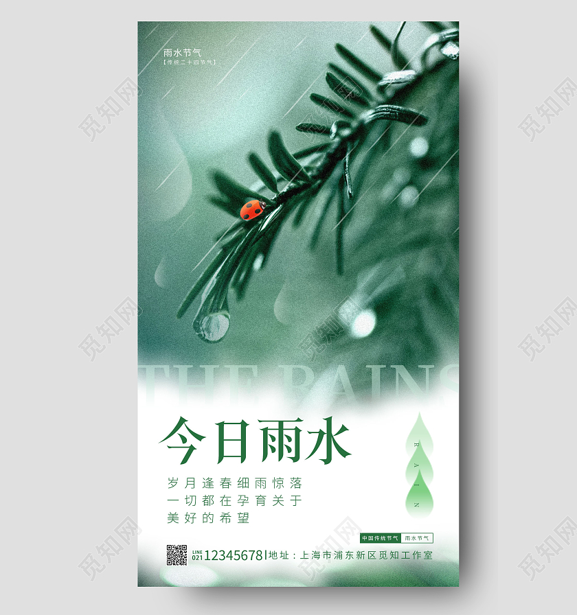 绿色摄影风格今日雨水手机宣传海报节气海报