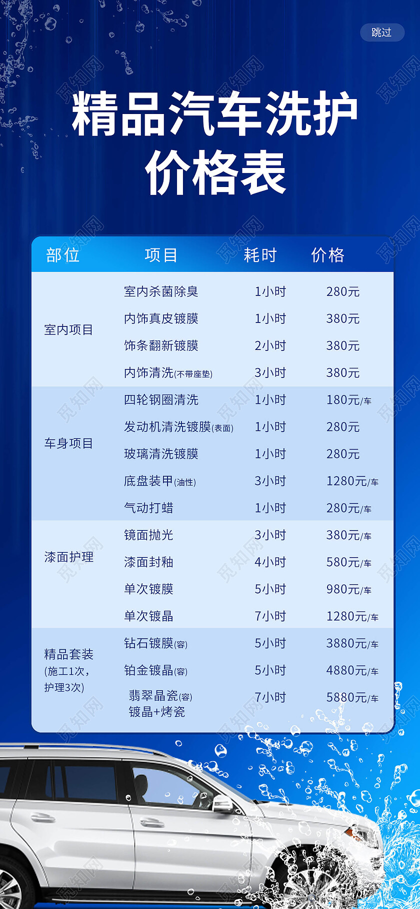 蓝色背景创意简洁汽车洗护价格表手机海报设计汽车手机宣传海报