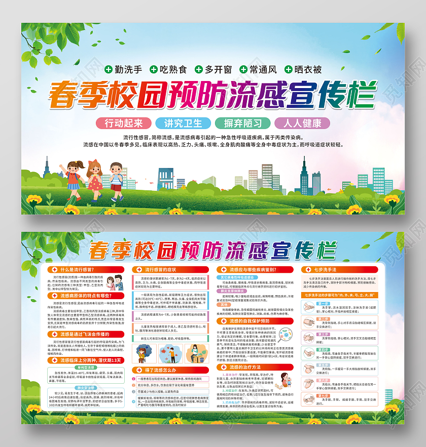 蓝色卡通春季校园预防流感健康教育知识宣传栏春季健康教育宣传栏