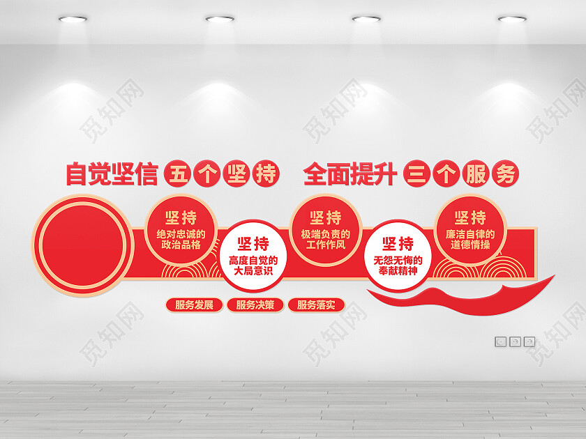 红黄简约飘带坚持五个坚持践行三个服务党建文化墙