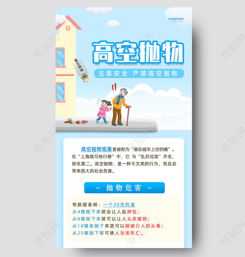 蓝色手绘卡通不要高空抛物手机长图高空抛物海报