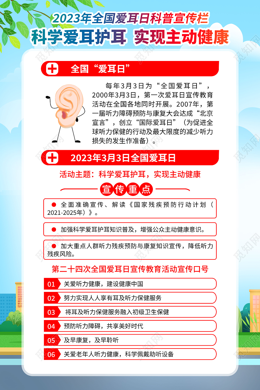 蓝色风格2023年全国爱耳日宣传海报全国爱耳日宣传栏