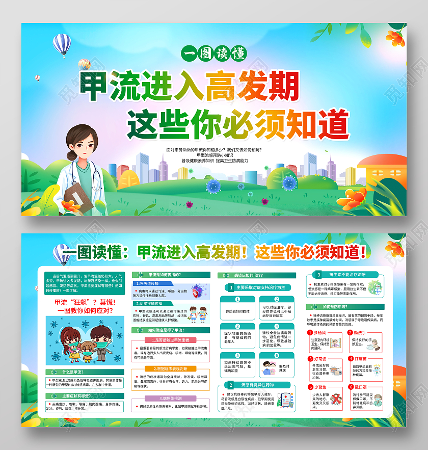 蓝色水彩风格预防甲型流感甲流宣传栏