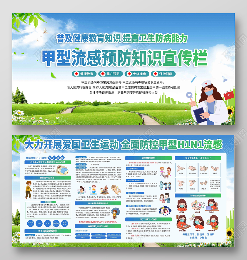 蓝绿卡通甲型流感预防知识宣传栏甲流宣传栏