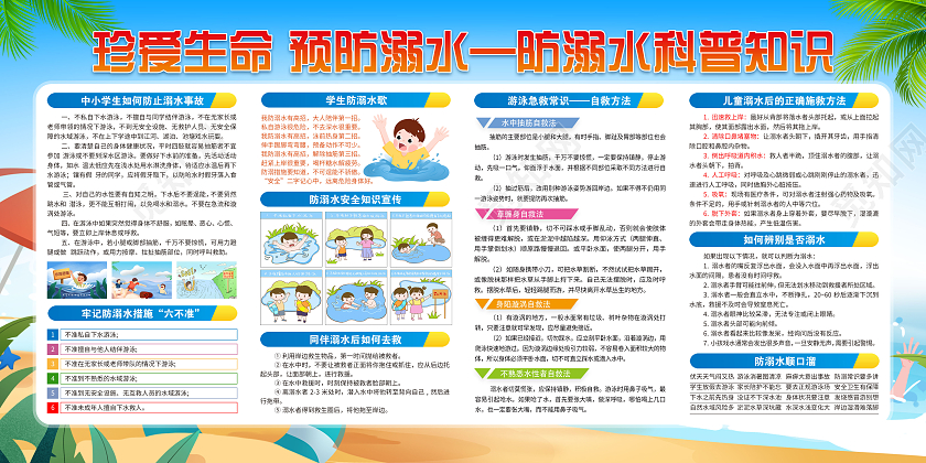 蓝色卡通珍惜生命预防溺水夏季防溺水宣传栏