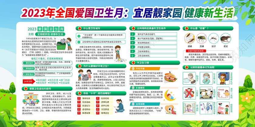 蓝色清新插画2023全国爱国卫生月宣传栏