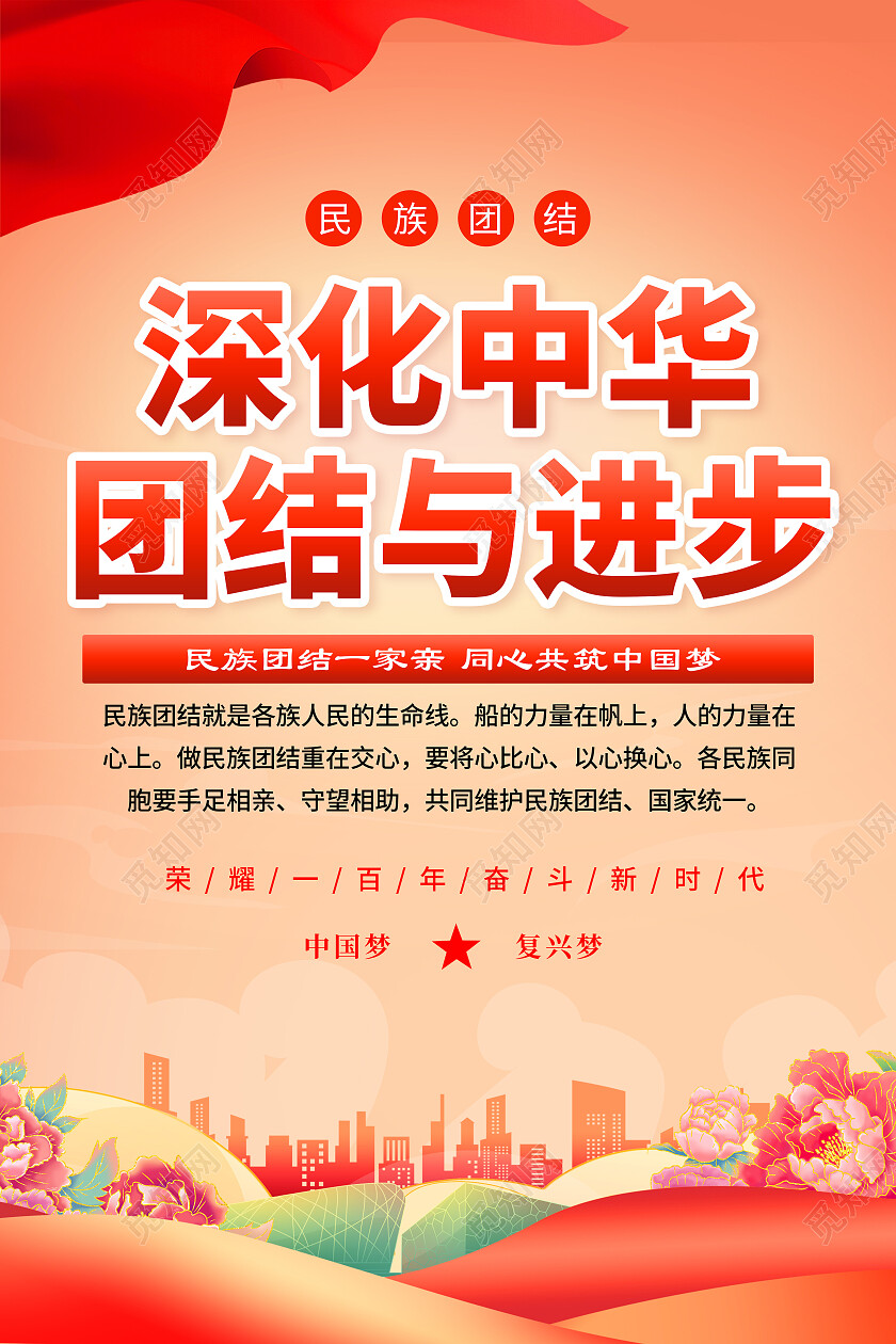 红色国潮党建民族团结系列挂画套图海报