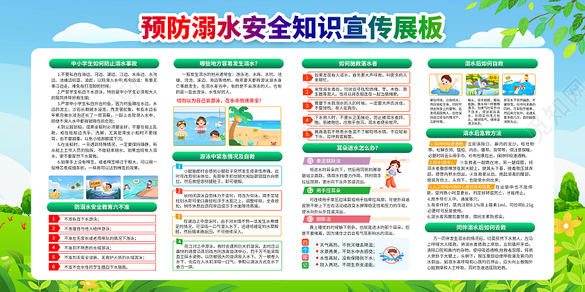 蓝色清新插画防溺水知识宣传栏