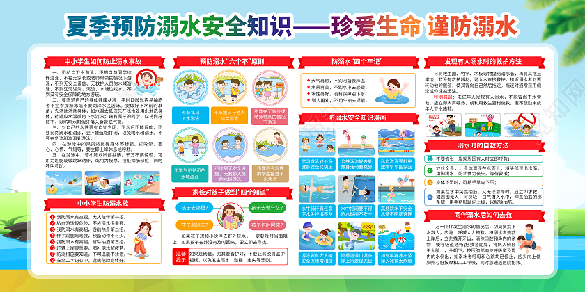 蓝色水彩插画中小学生防溺水知识宣传栏