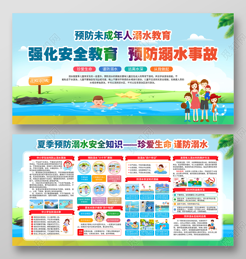 蓝色水彩插画中小学生防溺水知识宣传栏