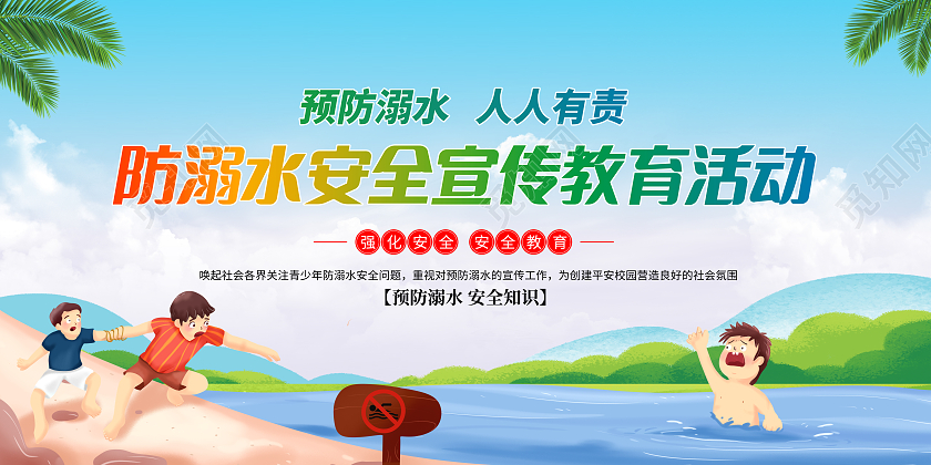 蓝色卡通珍惜生命预防溺水夏季防溺水宣传展板中小学防溺水
