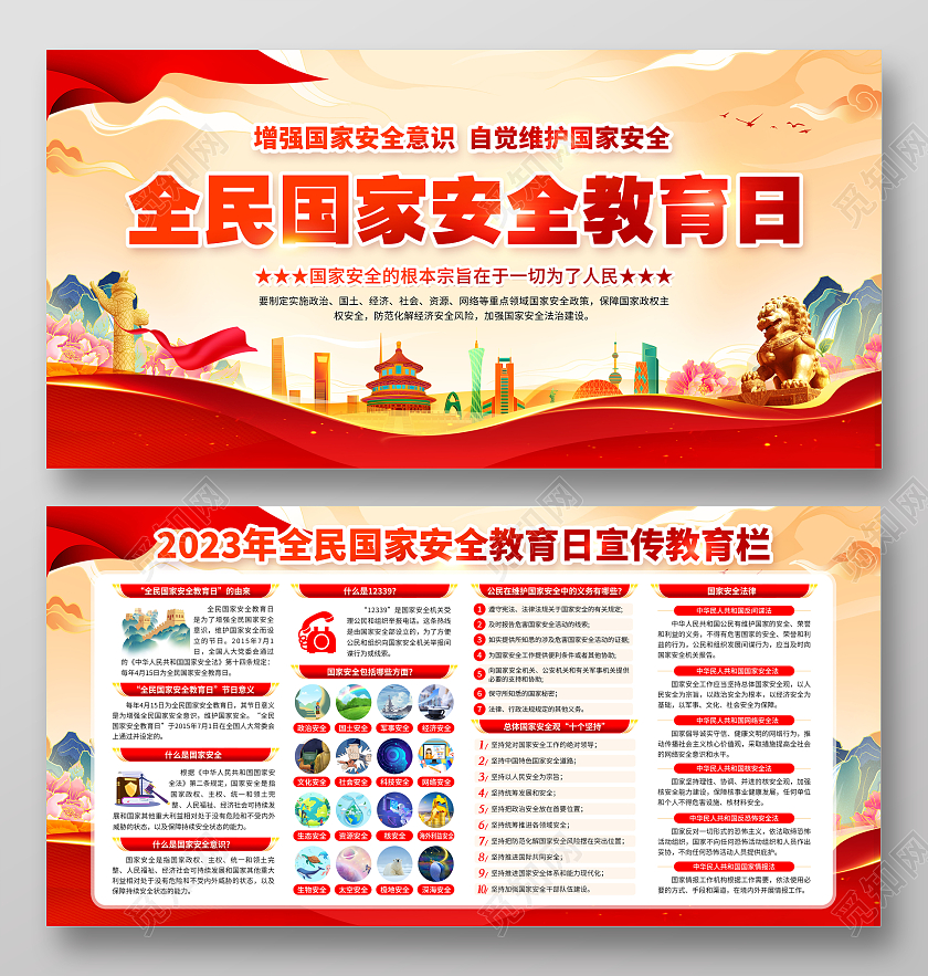 黄色国潮风格2023全民国家安全教育日宣传栏
