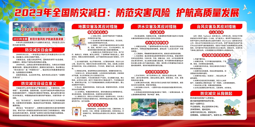 蓝天白云草地背景全国防灾减灾日宣传栏
